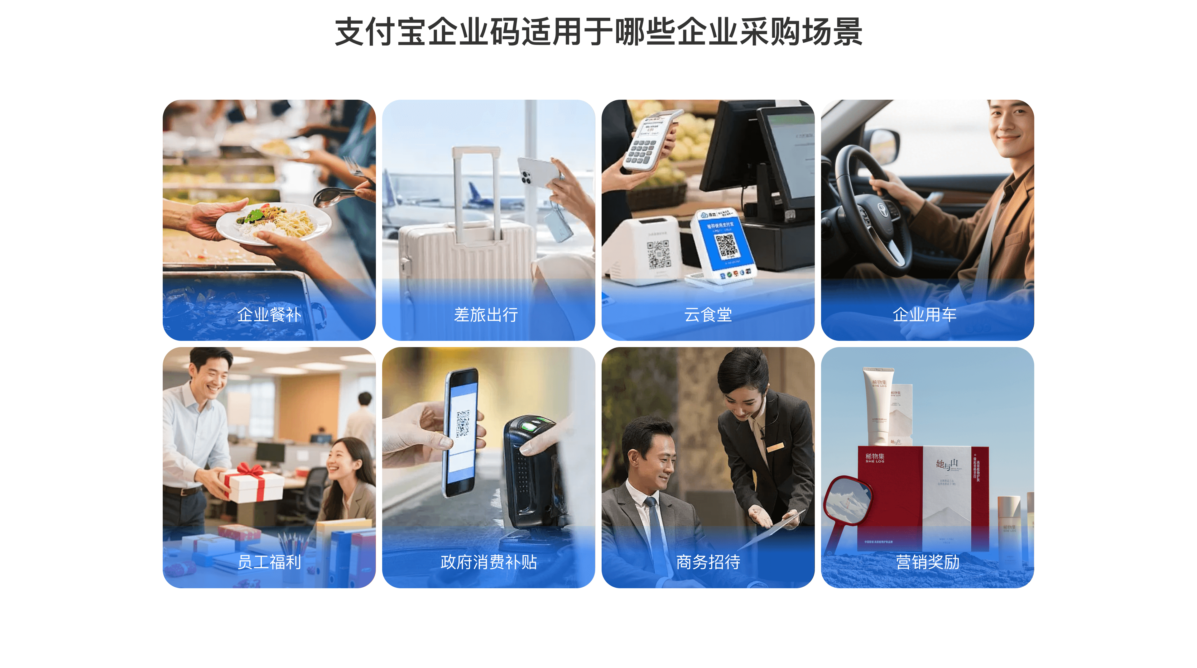 支付宝企业码适用场景，包括企业餐补、差旅出行、云食堂、企业用车、员工福利、政府消费补贴、商务招待和营销奖励